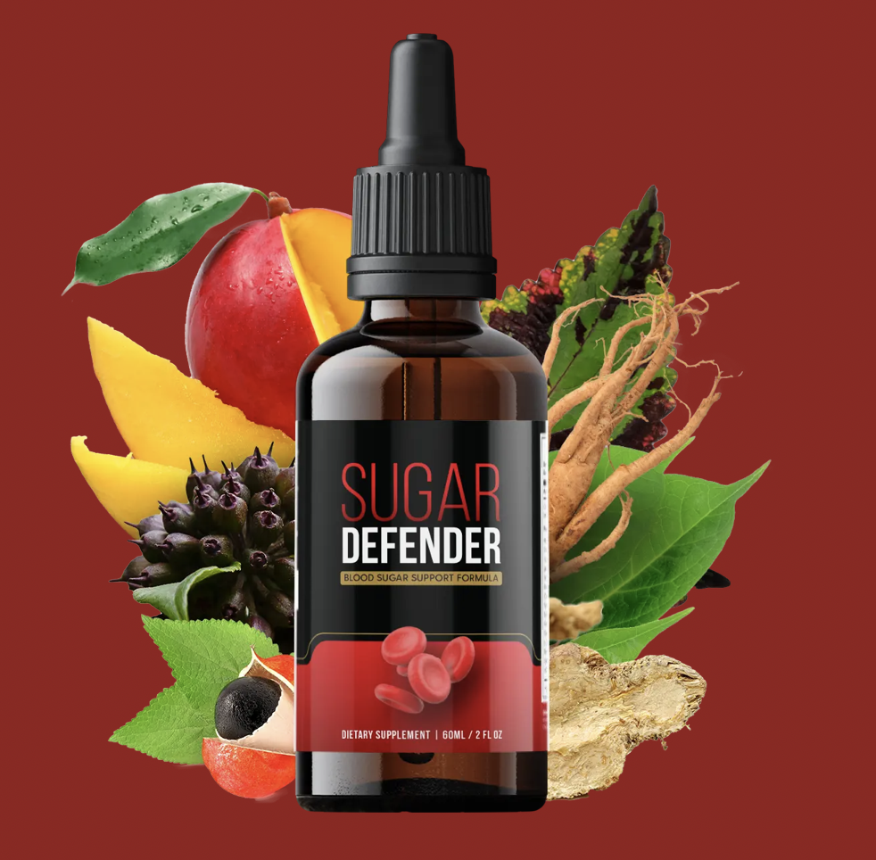 Sugar Defender liquid supplement bottle shown with botanical ingredients
